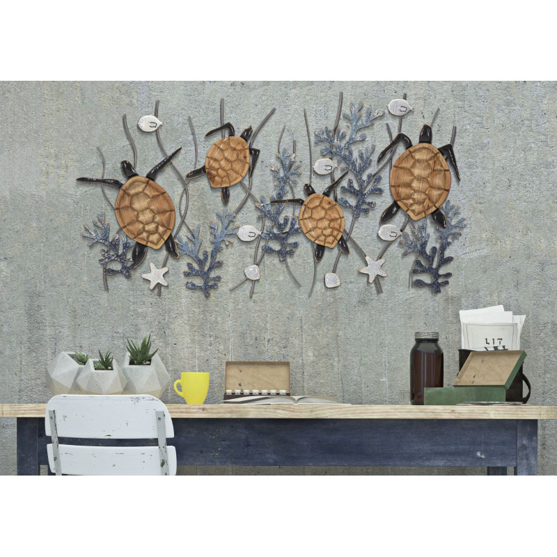 Grande Décoration murale moderne Tortues 132x69 Métal Bleu Blanc crème Naturel Turtle 