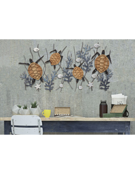 Grande Décoration murale moderne Tortues 132x69 Métal Bleu Blanc crème Naturel Turtle 
