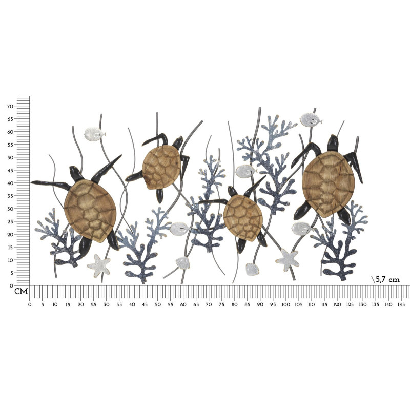 Grande Décoration murale moderne Tortues 132x69 Métal Bleu Blanc crème Naturel Turtle 