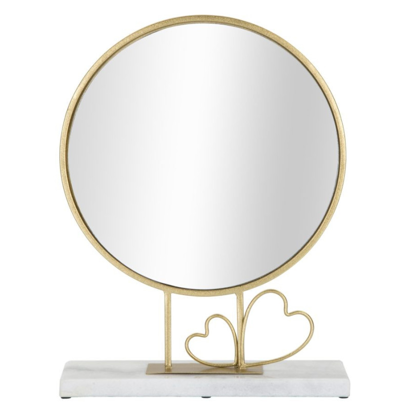 Petit Miroir à poser sur pied Coeurs Rond Hauteur 39 cm Métal Doré Marbre Blanc Heart 