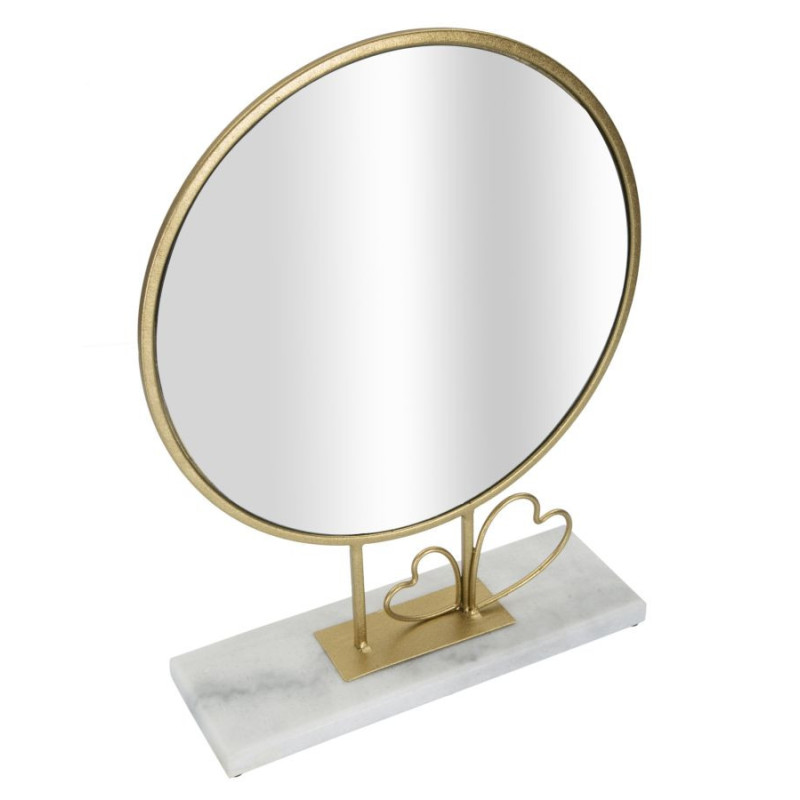 Petit Miroir à poser sur pied Coeurs Rond Hauteur 39 cm Métal Doré Marbre Blanc Heart 
