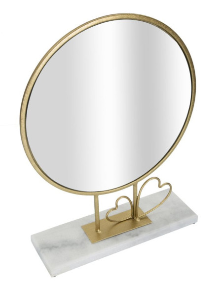 Petit Miroir à poser sur pied Coeurs Rond Hauteur 39 cm Métal Doré Marbre Blanc Heart 