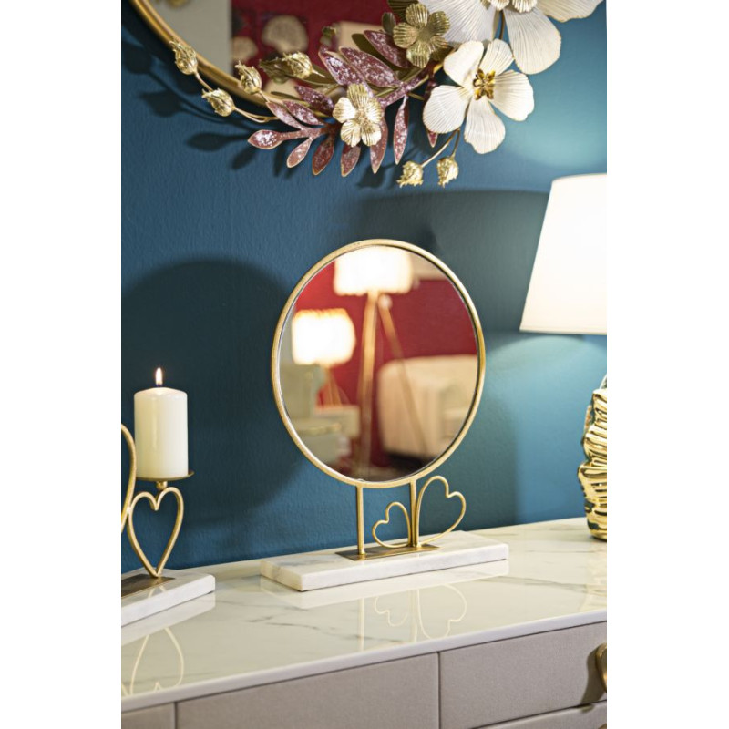 Petit Miroir à poser sur pied Coeurs Rond Hauteur 39 cm Métal Doré Marbre Blanc Heart 