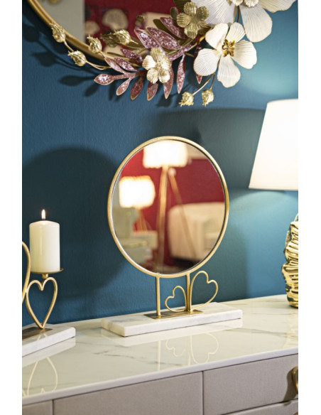 Petit Miroir à poser sur pied Coeurs Rond Hauteur 39 cm Métal Doré Marbre Blanc Heart 