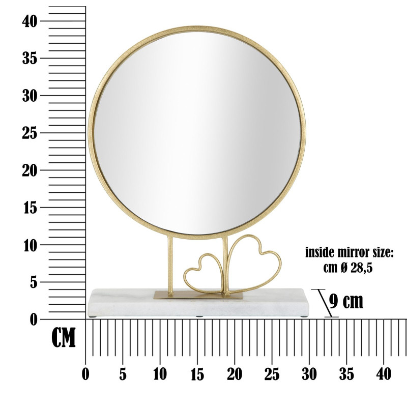 Petit Miroir à poser sur pied Coeurs Rond Hauteur 39 cm Métal Doré Marbre Blanc Heart 
