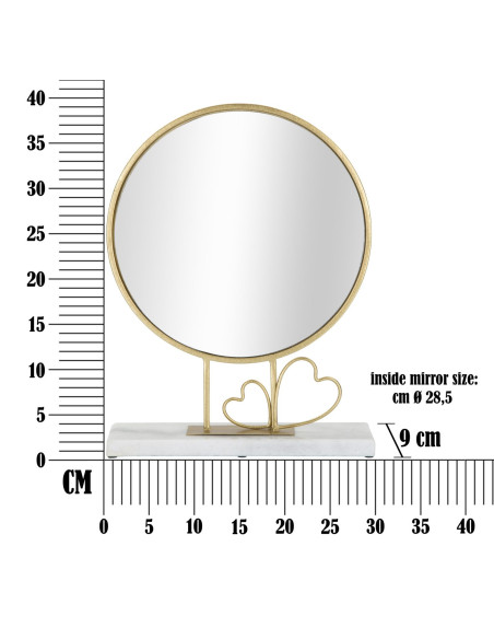 Petit Miroir à poser sur pied Coeurs Rond Hauteur 39 cm Métal Doré Marbre Blanc Heart 