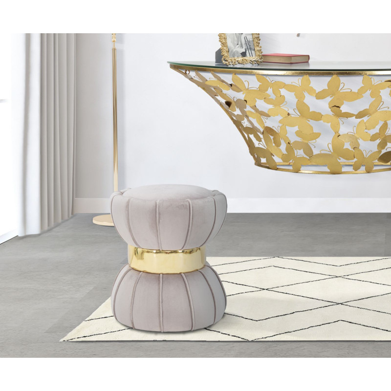 Pouf moderne chic Fleur 40 cm Velours Gris Bois Doré Flower 