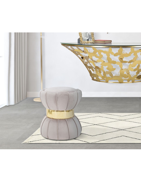 Pouf moderne chic Fleur 40 cm Velours Gris Bois Doré Flower 