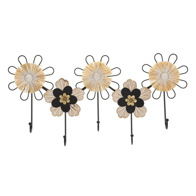 Grande Patère murale Bohème chic Fleurs 5 crochets 61 cm Métal Noir Fibre Naturel Raffia 