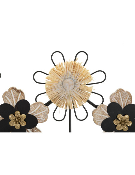 Grande Patère murale Bohème chic Fleurs 5 crochets 61 cm Métal Noir Fibre Naturel Raffia 