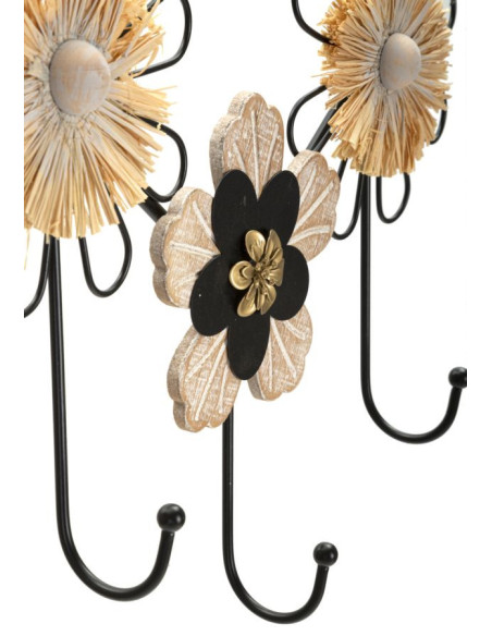 Grande Patère murale Bohème chic Fleurs 5 crochets 61 cm Métal Noir Fibre Naturel Raffia 