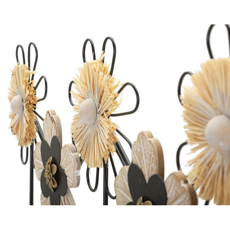 Grande Patère murale Bohème chic Fleurs 5 crochets 61 cm Métal Noir Fibre Naturel Raffia 