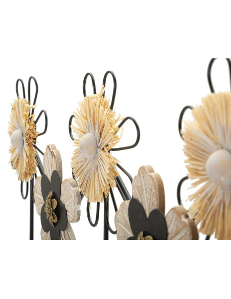 Grande Patère murale Bohème chic Fleurs 5 crochets 61 cm Métal Noir Fibre Naturel Raffia 