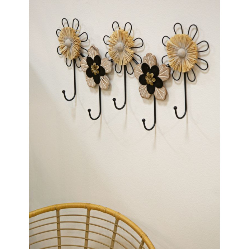 Grande Patère murale Bohème chic Fleurs 5 crochets 61 cm Métal Noir Fibre Naturel Raffia 