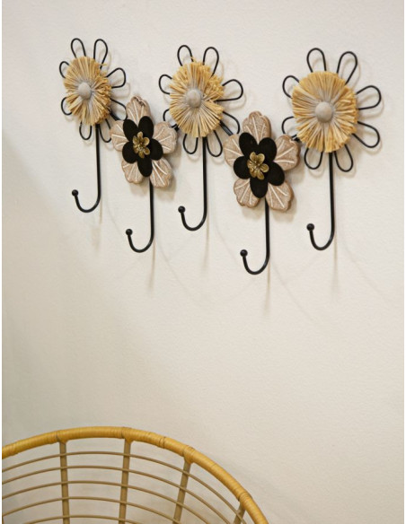 Grande Patère murale Bohème chic Fleurs 5 crochets 61 cm Métal Noir Fibre Naturel Raffia 
