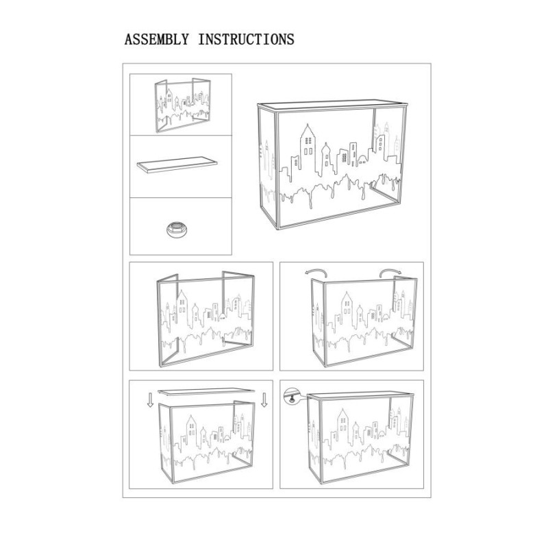 Console originale Rectangulaire en Métal Doré Verre Blanc Motif ville City 