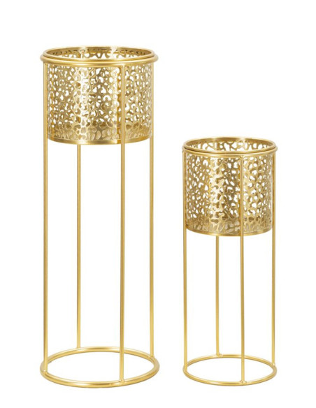 Cache-pot sur pied moderne chic Rond Métal Doré Ajouré Nat (Lot de 2) 