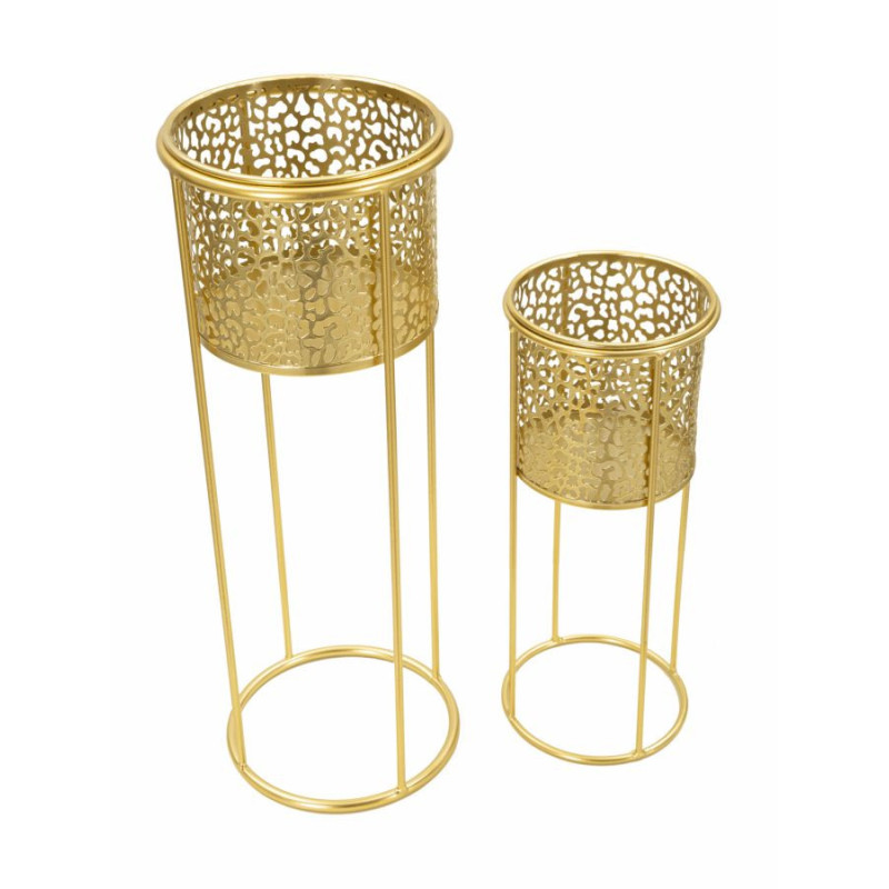 Cache-pot sur pied moderne chic Rond Métal Doré Ajouré Nat (Lot de 2) 