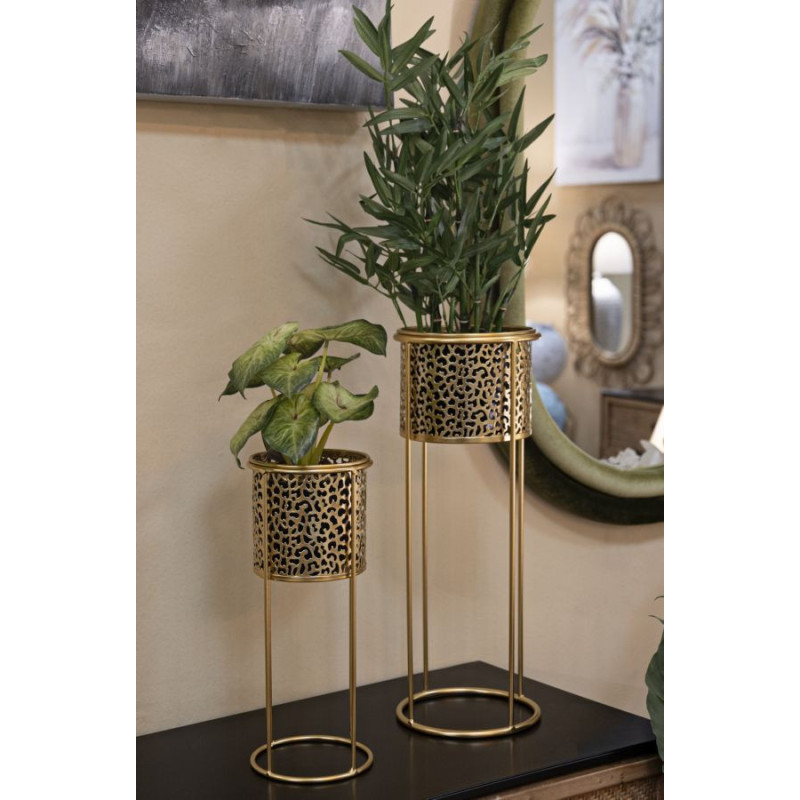 Cache-pot sur pied moderne chic Rond Métal Doré Ajouré Nat (Lot de 2) 
