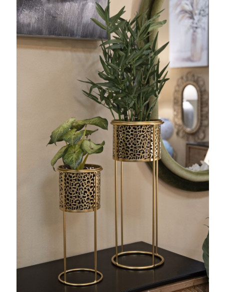 Cache-pot sur pied moderne chic Rond Métal Doré Ajouré Nat (Lot de 2) 