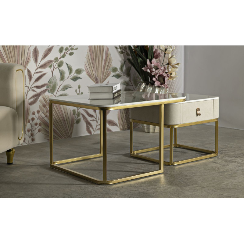 Table basse gigogne moderne chic Carrée 1 tiroir Bois de sapin Blanc crème Bois MDF Blanc Effet marbre Métal Doré Beauty 