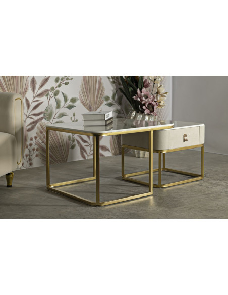 Table basse gigogne moderne chic Carrée 1 tiroir Bois de sapin Blanc crème Bois MDF Blanc Effet marbre Métal Doré Beauty 