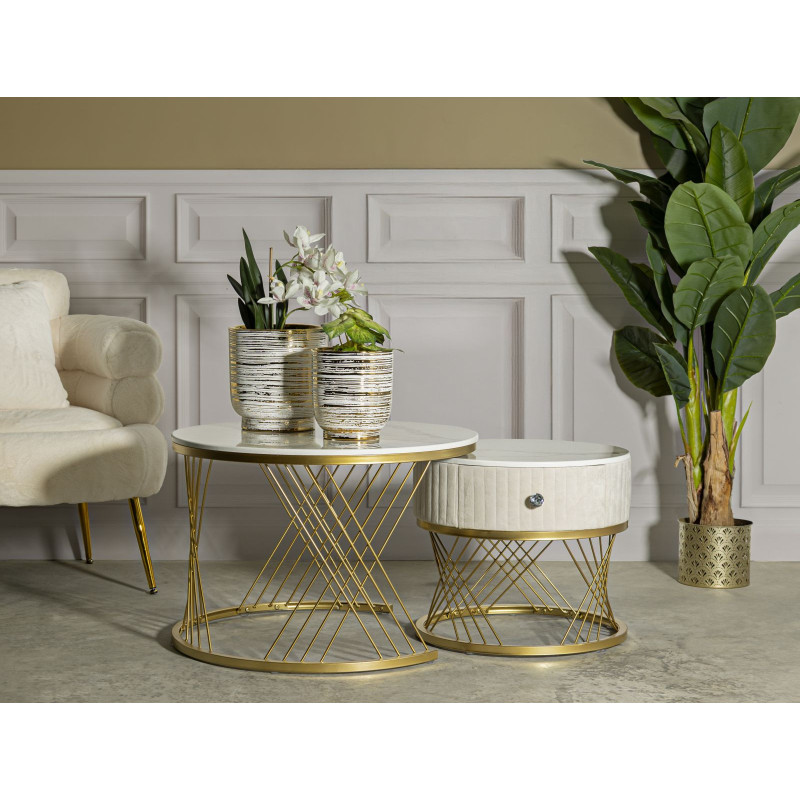 Table basse gigogne moderne chic Ronde 1 tiroir Bois de sapin Blanc crème Bois MDF Blanc Effet marbre Métal Doré Votix Mauro Fer