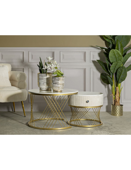 Table basse gigogne moderne chic Ronde 1 tiroir Bois de sapin Blanc crème Bois MDF Blanc Effet marbre Métal Doré Votix Mauro Fer