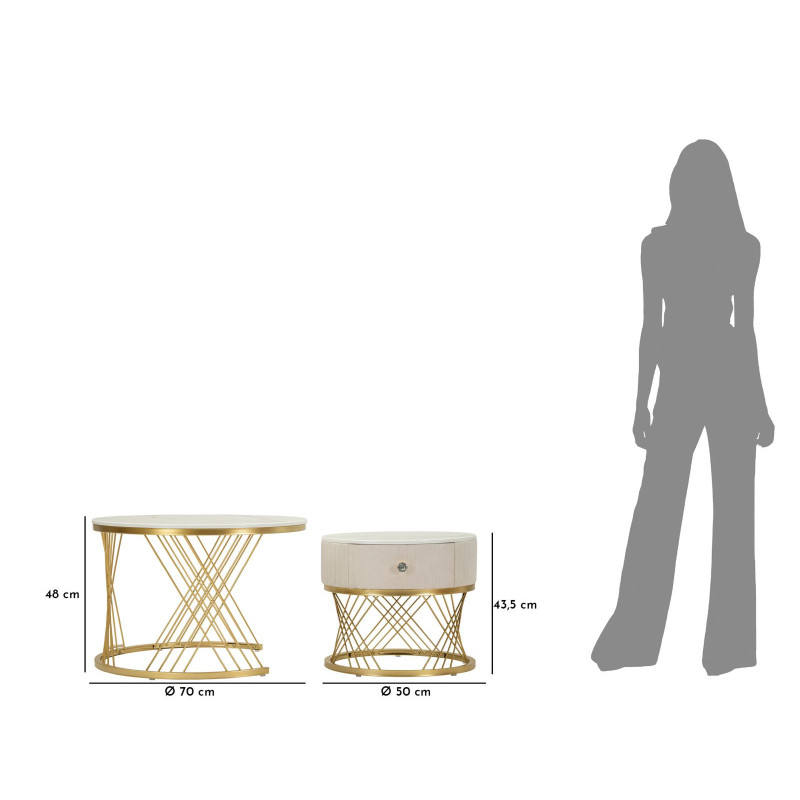 Table basse gigogne moderne chic Ronde 1 tiroir Bois de sapin Blanc crème Bois MDF Blanc Effet marbre Métal Doré Votix Mauro Fer
