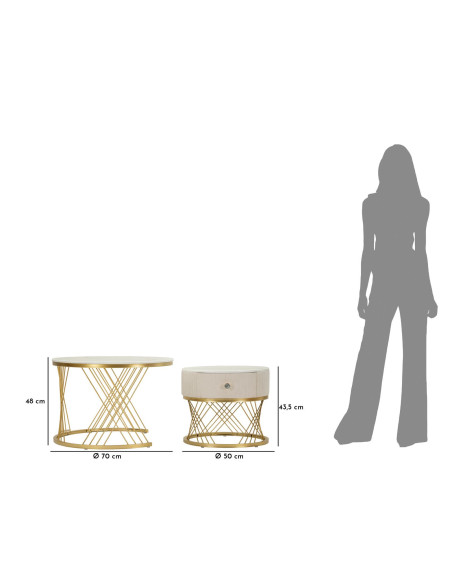 Table basse gigogne moderne chic Ronde 1 tiroir Bois de sapin Blanc crème Bois MDF Blanc Effet marbre Métal Doré Votix Mauro Fer