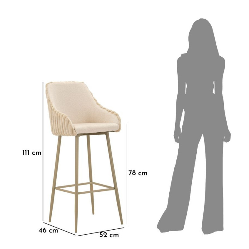 Tabouret de bar moderne chic Velours Côtelé Métal Blanc crème Alaska (Lot de 2) 