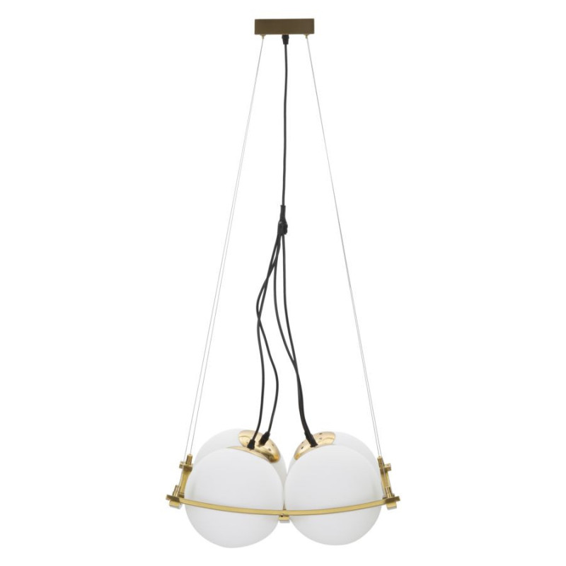 Grande Suspension moderne chic 4 boules 45 cm Verre Blanc Métal Doré Japan 