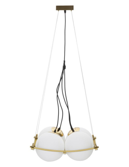 Grande Suspension moderne chic 4 boules 45 cm Verre Blanc Métal Doré Japan 