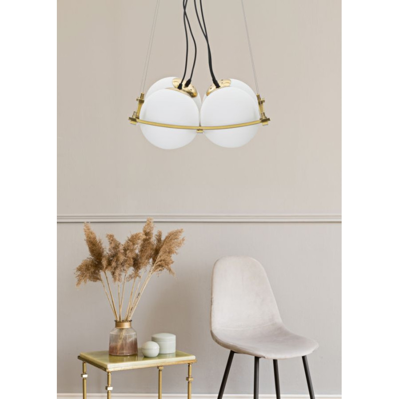 Grande Suspension moderne chic 4 boules 45 cm Verre Blanc Métal Doré Japan 