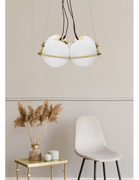 Grande Suspension moderne chic 4 boules 45 cm Verre Blanc Métal Doré Japan 