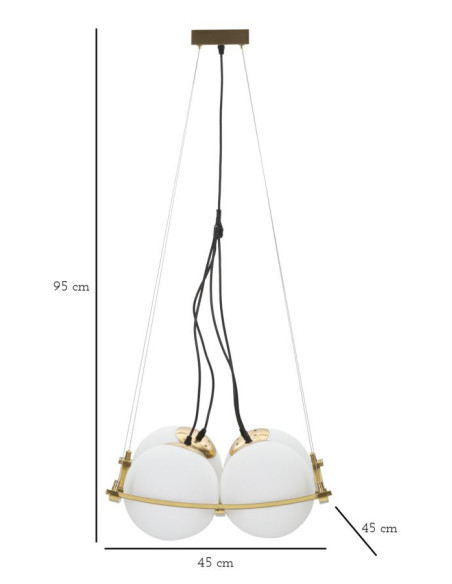 Grande Suspension moderne chic 4 boules 45 cm Verre Blanc Métal Doré Japan 
