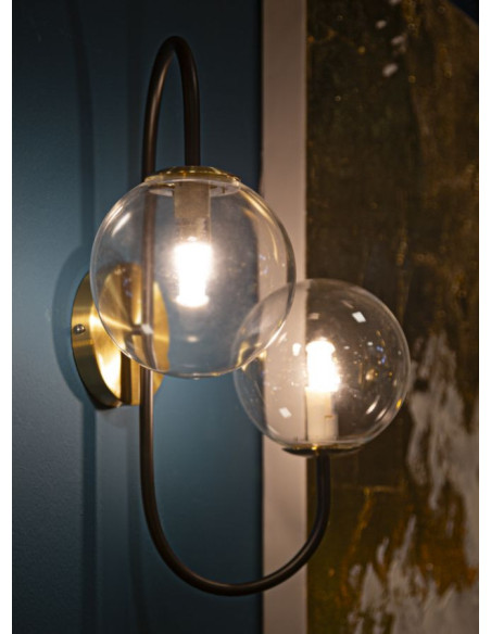 Applique murale moderne 2 boules Métal Noir Doré Verre Transparent Iron 