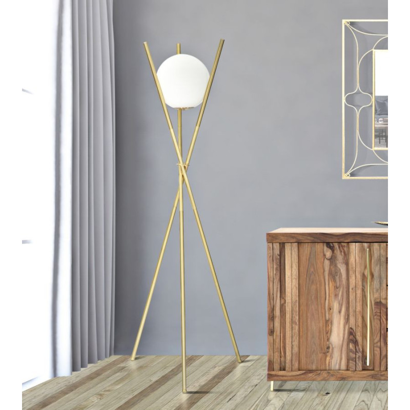 Grand Lampadaire trépied moderne chic Hauteur 155 cm Métal Doré Verre Blanc Glamy 