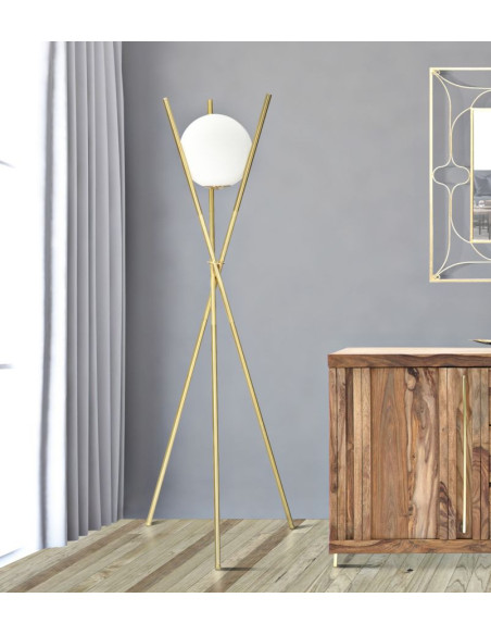 Grand Lampadaire trépied moderne chic Hauteur 155 cm Métal Doré Verre Blanc Glamy 