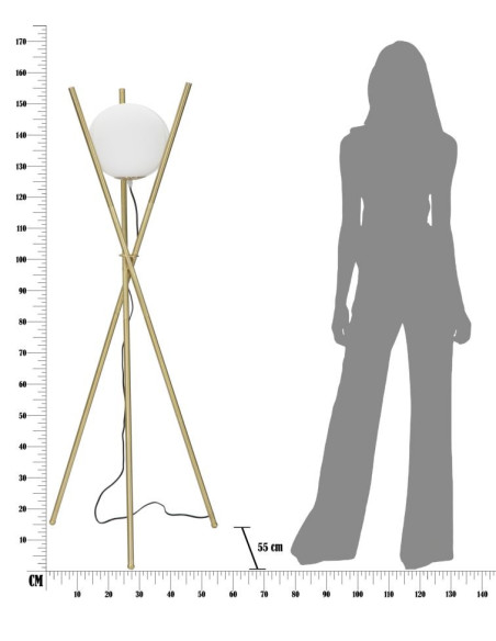 Grand Lampadaire trépied moderne chic Hauteur 155 cm Métal Doré Verre Blanc Glamy 