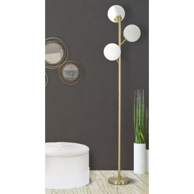 Grand Lampadaire sur pied moderne chic 3 Boules Hauteur 160 cm Métal Doré Verre Blanc Glamy 