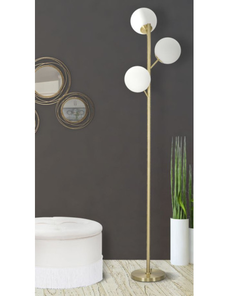 Grand Lampadaire sur pied moderne chic 3 Boules Hauteur 160 cm Métal Doré Verre Blanc Glamy 