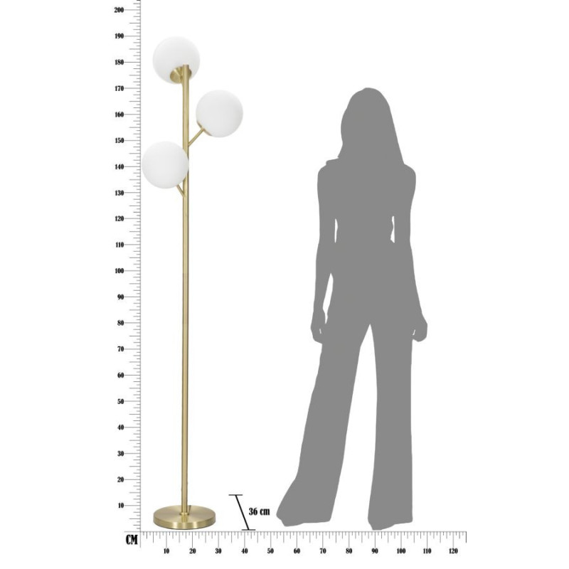 Grand Lampadaire sur pied moderne chic 3 Boules Hauteur 160 cm Métal Doré Verre Blanc Glamy 