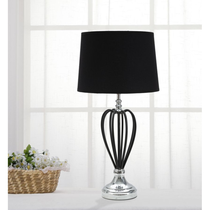 Grande Lampe à poser moderne Cage Hauteur 56 cm Tissu Métal Noir Argenté Darky 