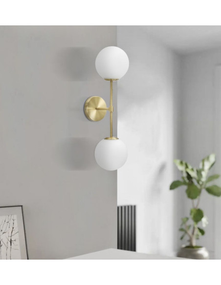 Applique murale moderne chic 2 Boules Hauteur 55 cm Métal Doré Verre Blanc Glamy 