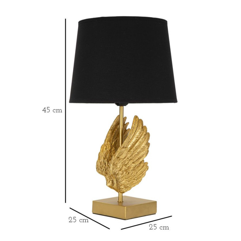 Lampe à poser moderne Ailes d'ange Hauteur 45 cm Résine Métal Doré Tissu Noir Wings 
