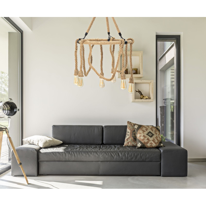 Suspension bohème 6 lampes Diamètre 64 cm Bambou Corde Naturel Bamboo 