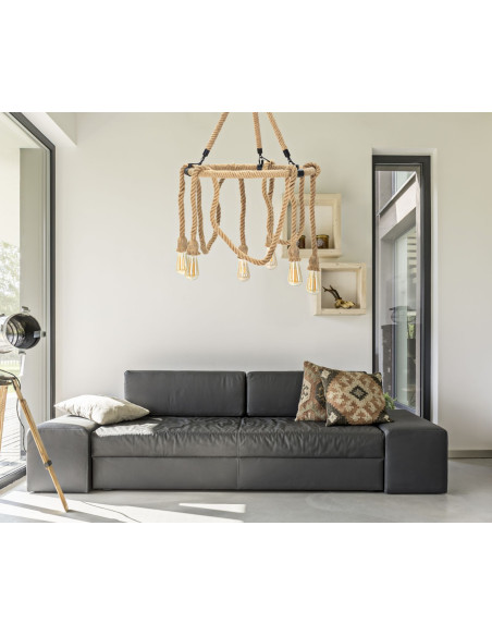 Suspension bohème 6 lampes Diamètre 64 cm Bambou Corde Naturel Bamboo 