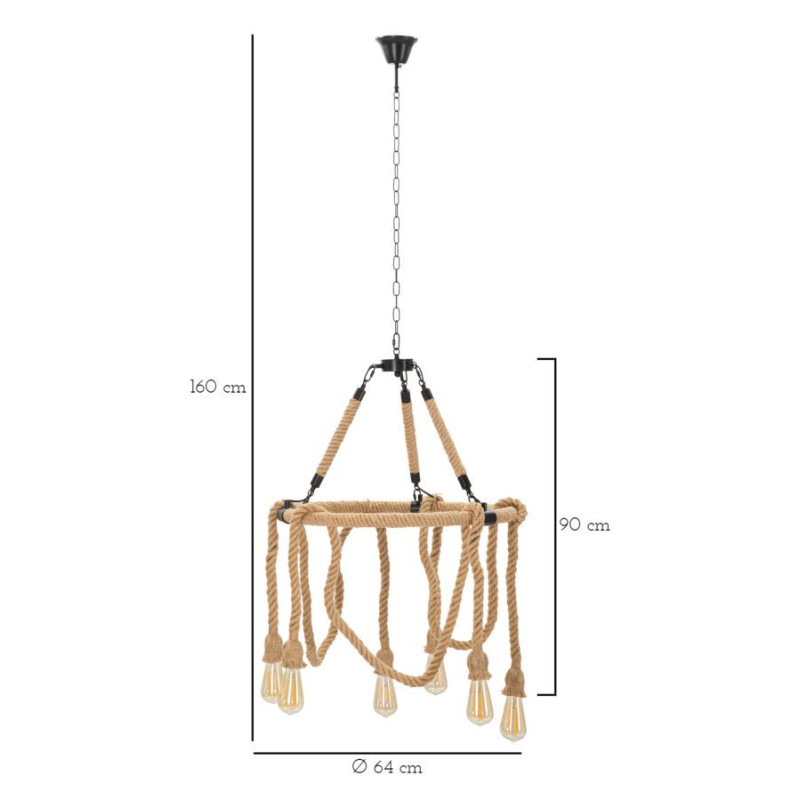 Suspension bohème 6 lampes Diamètre 64 cm Bambou Corde Naturel Bamboo 