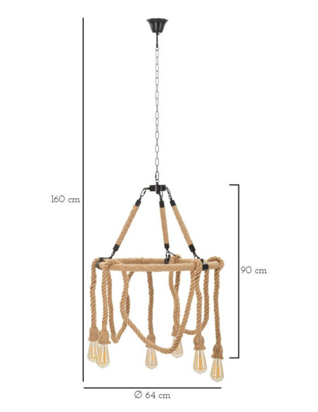Suspension bohème 6 lampes Diamètre 64 cm Bambou Corde Naturel Bamboo 